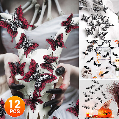 #ad 12pcs Halloween DIY Bats Butterfly Wall Decor 3D Sticker Party Decor 4 Style $8.69