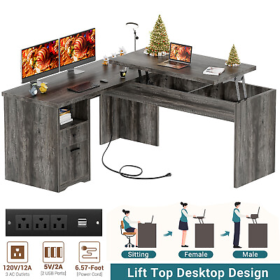 #ad L Shaped Lift Top Computer Desk with Drawer Home Office Desk with Power Station $229.99