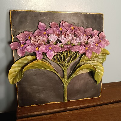 #ad 3D Floral Wall Plaque Purple Flowers Black Background Hand Painted $40.00