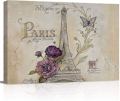 Canvas Wall Art Painting Eiffel Tower Butterfly Paris Romantic Vintage Art Moden $17.99