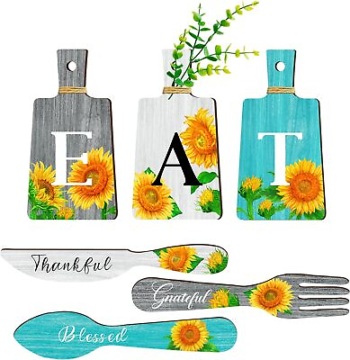 #ad Set of 6 Sunflower Kitchen Decor Cutting Boards Dining Eat Signs Forks and Spoon $28.55