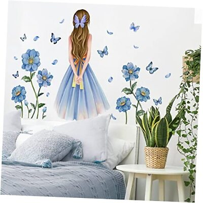 #ad Blue Flower Wall Stickers Room Decor for Girls Vinyl Butterfly Wall Decal $20.49