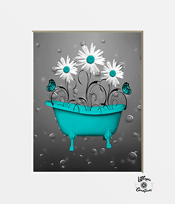 #ad Bathroom Wall Decor Daisy Flowers Butterflies Bubbles Teal Matted Wall Art $32.99