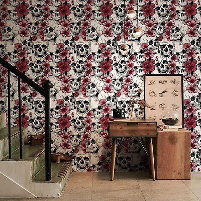 #ad Red Skull Floral Wallpaper PVC 236quot;X17.7quot; Peel And Stick Home Decor Wallpaper $25.59