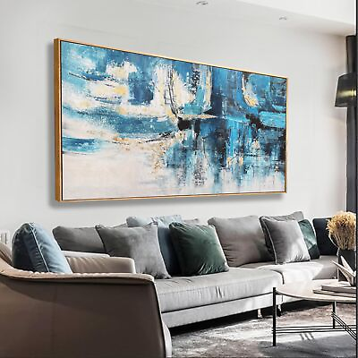 #ad Abstract Wall Art For Living Room Decor Blue Graffiti Gold Embellishment Canv... $153.78