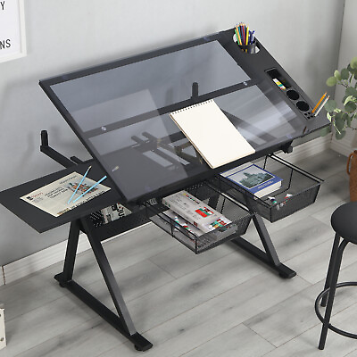 #ad Drafting Desk 0 To 75° Adjustable Tilting Drawing Desk Tempered Glass Art Table $218.73