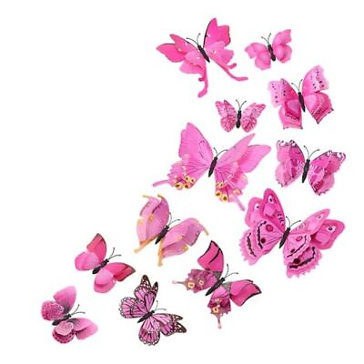 #ad 12PCS Double Wings 3D Butterfly Wall Stickers Decals DIY Art Crafts Pink $12.78