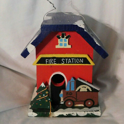 #ad #ad 5quot; Wood Red Fire Station Birdhouse Decor Snow Christmas Tree Fire Truck Hangs $15.99