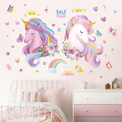 #ad 2 Large Size Unicorn Wall Decals Pink Rainbow Heart Wall Stickers Girls Bedroom $32.99