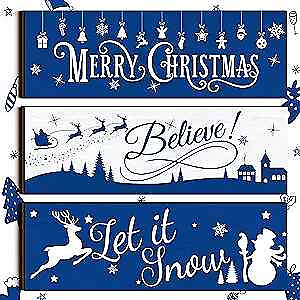 #ad 3 Pcs Christmas Blue Hanging Signs Rustic Wooden Snowflakes Wall Hanging Decor $16.97