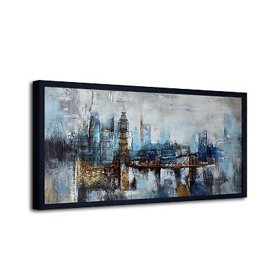 #ad Large Wall Art for Bedroom Abstract City View Canvas Art Gray Blue Buildings ... $243.68