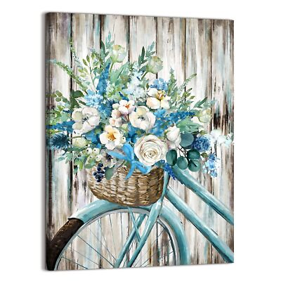 #ad 3LDECOR Bathroom Canvas Wall Decor Blue Retro Bike wall art rural Style Flower B $27.23