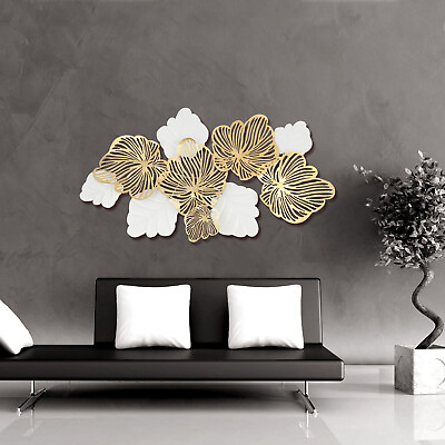 #ad Metal Flowers amp; Leaves Wall Art Large White amp; Gold Sculpture Hanging Home Decor $99.64