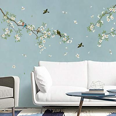 #ad Birds On Tree Branch Wall Decals White Blossom Flower Wall Stickers Bedroom Livi $18.64
