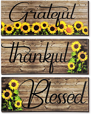 #ad 3 Pcs Sunflower Wall Decor Grateful Thankful Blessed Wall Art Signs Wooden Hangi $7.99
