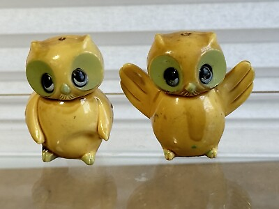 #ad Anthropomorphic Celluloid Owl Figurines Miniature HK Mid Century Modern Vintage $15.00