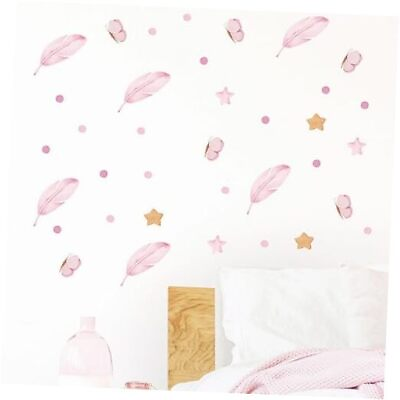 #ad 6 Sheets 72 Pcs Star Wall Stickers DIY Plume Polka Dot Pink Feather Butterfly $21.31