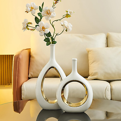 #ad Ceramic Vase White Gold Vases Set of 2 for Modern Home Decor Living Room Centerp $53.99