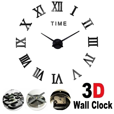 #ad #ad 3D DIY Large Roman Numerals Wall Mounted Black Sticker Clock Home Office Decor $15.99