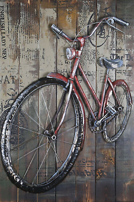 #ad Red bike painting 3d metal Wood art wire art bicycle wall hanging painting Decor $89.50