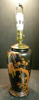 #ad Vintage Oriental Embossed Birds amp; Blossoms Ceramic Table Lamp Wood Base V.G. $59.49