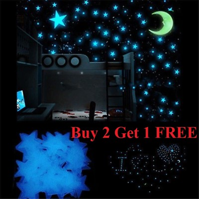 100 pcs Pack Glow In The Dark 3D Stars Moon Stickers Bedroom Wall Room Decor DIY $6.49