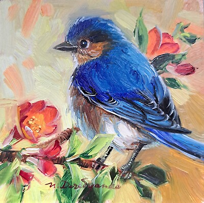 #ad #ad Bluebird on branch oil painting original miniature artwork 4x4 small art gift $98.00