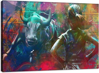 #ad Motivational Wall Art Canvas Print Fearless Girl Wall Street Charging Bull Offic $80.99