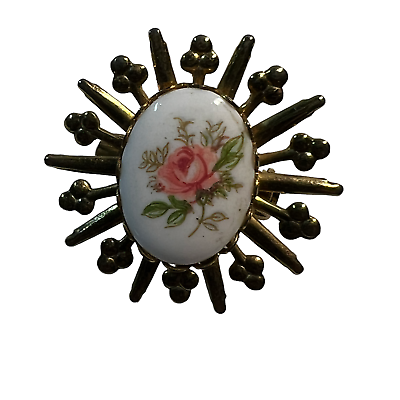 #ad Vintage Flower Brooch Gold Tone Porcelain Inset with Pink Rose $10.99