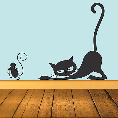 #ad Cat Chasing Mouse Decal Mural Fun Animals Wall Sticker Artsy Wall Vinyl b41 $14.95