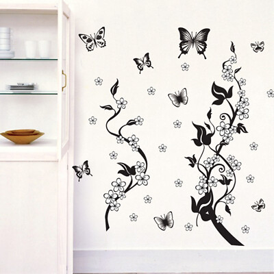 #ad Black Flowers Butterflies Wall Stickers Fashion PVC Living Room Decor 50*70CM $10.99