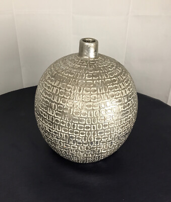 #ad Ethnic Art Round Cement ? Vase With Tribal Pattern Large Gray 16” Modern decor $78.16