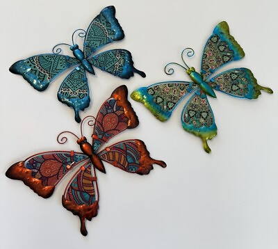 #ad Metal Butterfly Wall Art Colorful Glass Butterflies Large 11” Set Of 3 Hanging $31.19