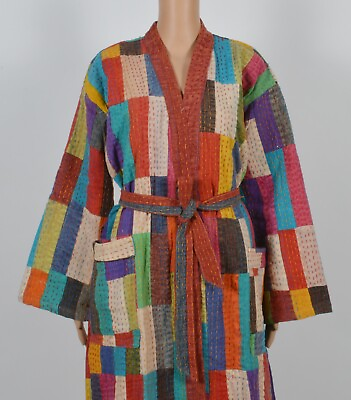 #ad Patchwork Indian Cotton Women Boho Kantha Jacket Kimono Dress Coat Art Bath Robe $54.99