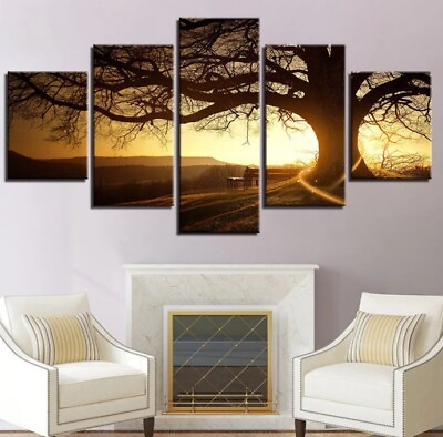 #ad Tree Of Life Sunset Big Tree Bench Scenery Canvas Prints Painting Wall Art 5PCS $71.25