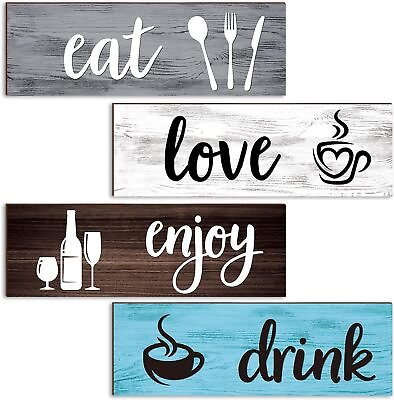 #ad 4 Pcs Farmhouse Kitchen Wall Decor Eat Drink Enjoy Love Rustic Wood Kitchen $25.00