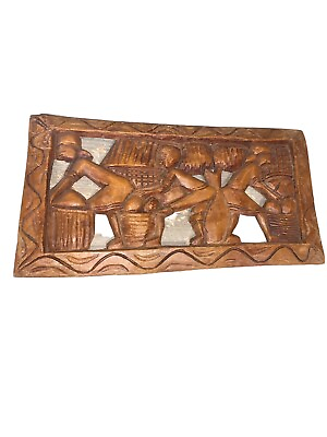 #ad Vintage Hand Carved Wood Wall Decor 3D Panel Village Tribal Collection Scene $31.99