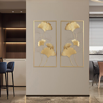 #ad 39quot;X 20quot; Golden Ginkgo Leaves Metal Wall Decor Wall Art Decor with Frame Home $61.95