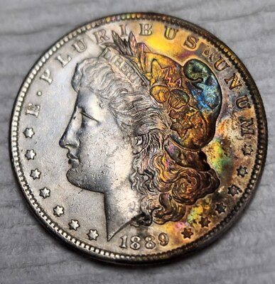 #ad 1889 Morgan Silver Dollar Stunning Rainbow Toning Gorgeous US Coin 90% Silver $225.00