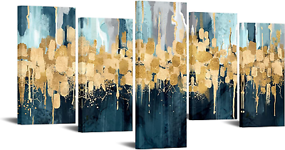 #ad Large 5 Panel Abstract Canvas Wall Art Navy Blue and Gold Painting Contemporary $70.99