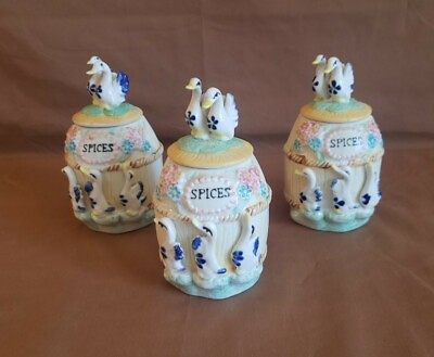 #ad #ad Vintage Ceramic Spice Jar Set Ducks Geese Country Kitchen Farmhouse Yellow $19.95