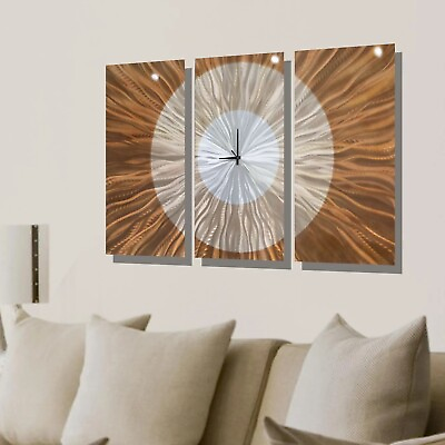 #ad Stunning Copper Functional Art Large Wall Clock Metal Art 3 Panels Modern $295.90