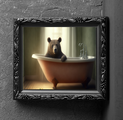 #ad Bear in Bathtub Art Print Wall Hanging Animal Poster Picture Photo Animal Decor $7.99