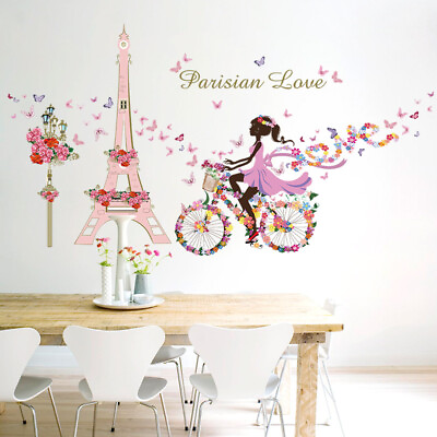 Cartoon Wall Stickers for Girls Room Flowers Bike Mural Wall Decals Wallpaper $7.59