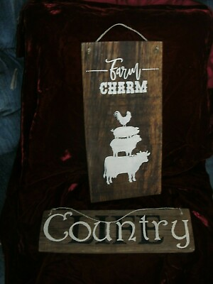 LOT OF 2 WOODEN COUNTRY SIGNS quot;COUNTRY LIFEquot; AND quot;FARM CHARMquot; FREE SHIPPING $27.00