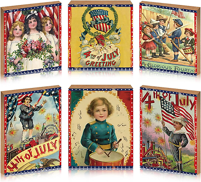 #ad #ad 6 Pcs 4Th of July Decor Vintage Decor Patriotic American Flag Wooden Block Indep $17.52