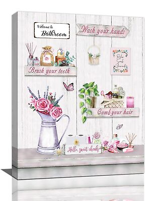 #ad Rustic Flower Bathroom Wall Art Farmhouse Pink Canvas Wall Decor Country Floral $32.60