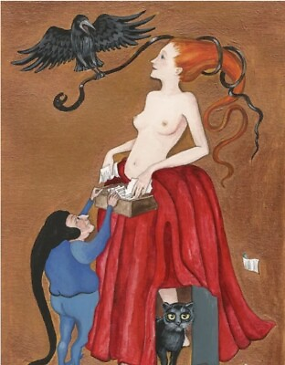 #ad 5X7 PRINT OF PAINTING RYTA NUDE Witch Halloween black cat pagan Art monster crow $8.99