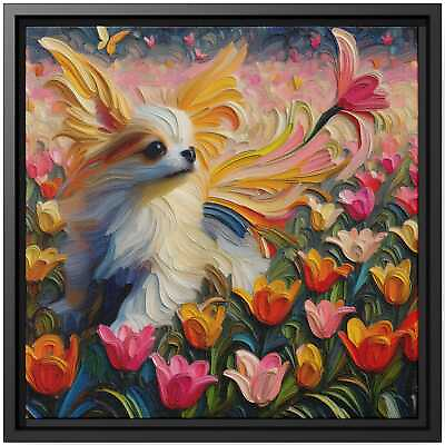 #ad #ad Wall Art Decor Canvas Print Dog Portrait Oil Painting Papillon Tulips Butterfly $48.45