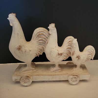 #ad Resin Rooster Kitchen Decor White Chickens Three Standing On A Cart 7quot; x 6quot; $15.00
